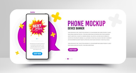 Best offer badge. Phone screen mockup banner. Discount banner shape. Sale coupon bubble icon. Social media banner with smartphone screen. Shopping mockup web template. Best offer promotion. Vector