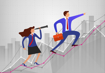 effective manager looks into telescope into distance trying to predict future. businesswoman on background of different schedules.