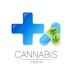 Cannabis in the 2 tablet pill capsule with cross vector logotype for medicine and doctor. Medical marijuana symbol. Pharmaceuticals with plant and leaf for health. Concept sign of green herb.