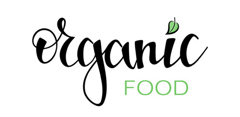 Inscription Organic food. Hand drawn vector lettering. Healthy food and lifestyle concept. Organic, natural fresh food design template