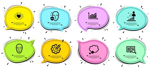 Graph, Stats and Face biometrics signs. Chat bubbles with quotes. Settings gear, Talk bubble and Uv protection line icons set. Search text, Heart symbols. Technology process, Chat message. Vector