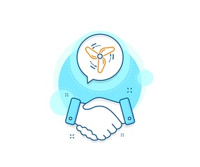 Fan engine, jet turbine sign. Handshake deal complex icon. Wind energy line icon. Ventilator symbol. Agreement shaking hands banner. Wind energy sign. Vector