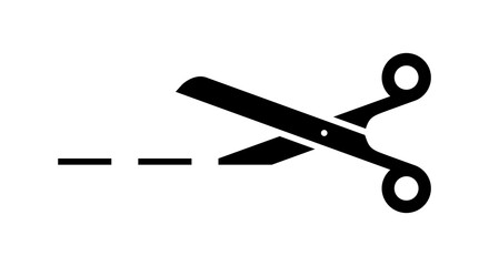 black icon of scissors with cutting line on white background