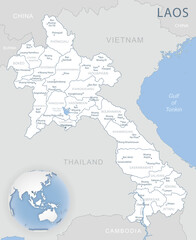 Blue-gray detailed map of Laos administrative divisions and location on the globe. Vector illustration