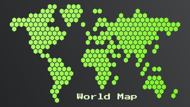 World Information Security Concept. Abstract world map consisting of hexagons. Hex with the transition from light to dark green, on a gray gradient background.