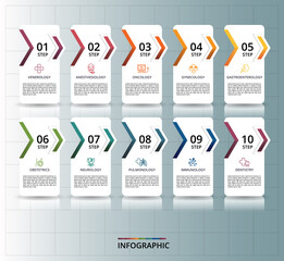 Infographic Medical template. Icons in different colors. Include Venerology, Anesthesiology, Oncology, Gynecology and others.