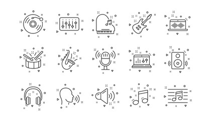 Guitar, Musical note and Headphones. Music line icons. Jazz saxophone linear icon set. Geometric elements. Quality signs set. Vector