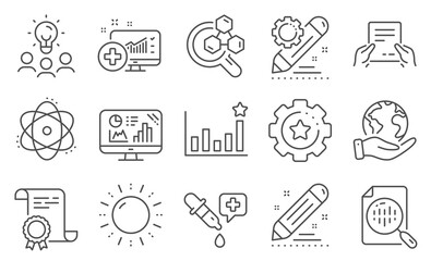 Set of Science icons, such as Atom, Receive file. Diploma, ideas, save planet. Brand contract, Chemistry lab, Medical analytics. Analytics chart, Project edit, Efficacy. Vector