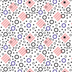Abstract seamless pattern with red, blue and black geometrical shapes. Creative stylish background with lines and circles for any design ideas.