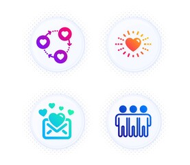 Fototapeta na wymiar Friends community, Love mail and Heart icons simple set. Button with halftone dots. Friendship sign. Love, Valentines letter, Trust friends. Love set. Gradient flat friends community icon. Vector