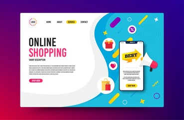 Landing page with phone mockup. Best badge. Special offer banner. Arrow tag icon. Website template banner with smartphone screen. Shopping mockup web page template. Best tag banner. Vector