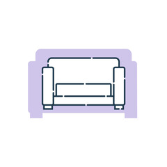 Comfortable sofa with one pillow. Flat illustration with settee on shape background. Modern stylish object for relaxation. Image of couch in line art style. Element furniture of the interior