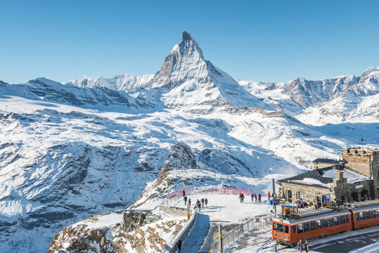 Switzerland Alps Matterhorn Snow Mountains at Gornergrat bahn train station, Zermatt, Switzerland