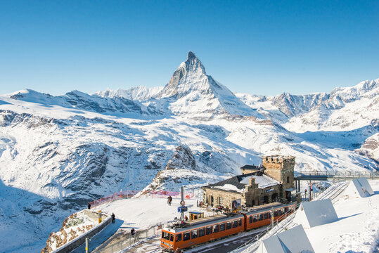 Switzerland Alps Matterhorn Snow Mountains at Gornergrat bahn train station, Zermatt, Switzerland