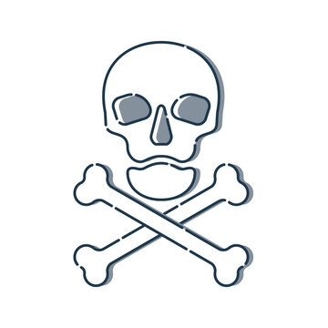 Human skull in full face and crossbones. Isolated illustration in flat style on white background. Poison sign and symbol for design. An image of danger to humans. Icon of hazard to life