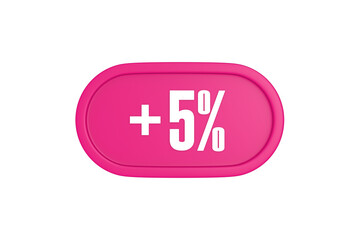 5 Percent increase 3d sign in pink color isolated on white background, 3d illustration.
