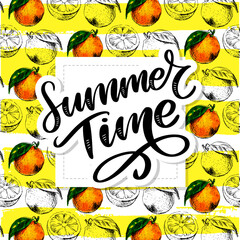 Watercolor seamless pattern of orange fruit with leafs. Vector illustration of citrus orange fruits. Eco food illustration Summer slogan