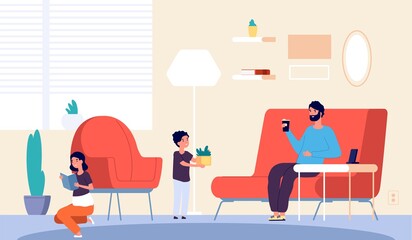 People at home. Father son daughter in living room. Isolation period or quarantine. Girl reading book, boy planting and man drinking coffee. Vector illustration. Father with son and daughter