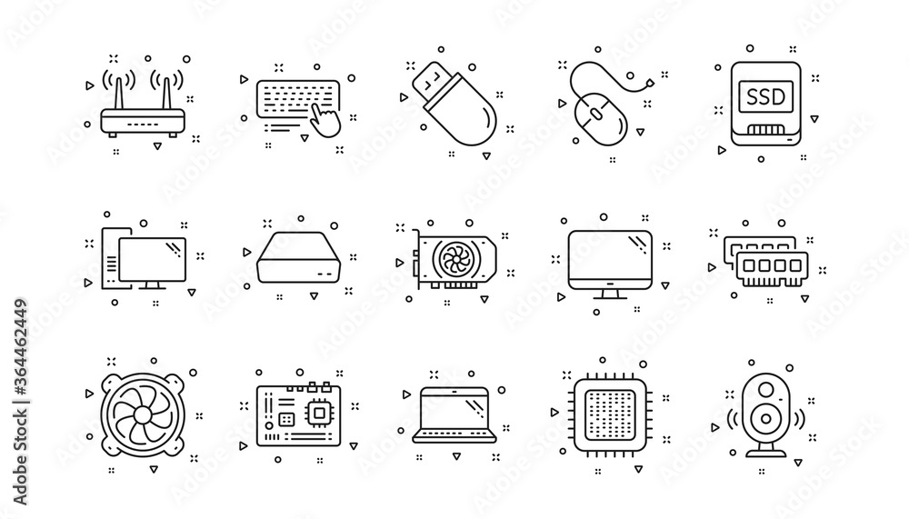 Poster motherboard, cpu and laptop. computer device line icons. ssd memory linear icon set. geometric eleme