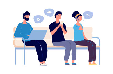 People chatting. Woman man using smartphones and laptop. Internet or social network addiction. Isolated communication vector. Social media connection and communication in messenger illustration
