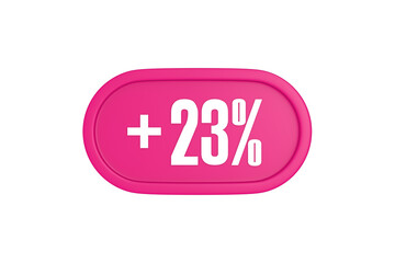 23 Percent increase 3d sign in pink color isolated on white background, 3d illustration.