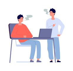 Smoking workers. Two smokers talking together. Isolated boys with cigarettes, friends with drug nicotine addiction vector characters. Smoker person with cigarette, smoke and relax illustration
