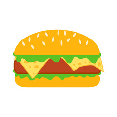 Burger icon. Isolated cheeseburger on white background. Fast food sign. Burger with sesame in flat style. Vector illustration.