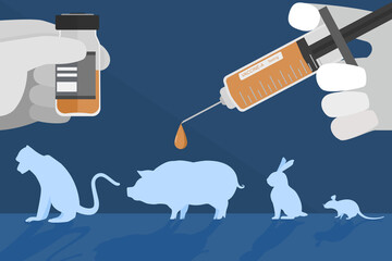 The vector  of Pre-clinical research of vaccine in animal experiment stage. Creative flat design for web banner, business presentation, online article.