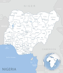 Blue-gray detailed map of Nigeria administrative divisions and location on the globe. Vector illustration