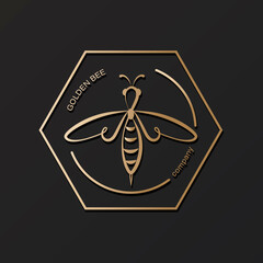 Golden honeybee. Vector icon, logo. Label and tag with bee in honeycomb. Design in linear style.