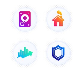 Hdd, Home and Growth chart icons simple set. Button with halftone dots. Security sign. Hard disk, House building, Sale diagram. Protection shield. Business set. Gradient flat hdd icon. Vector