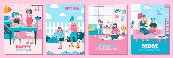 Web cards or banners set of family mother and daughter communication and joint time spending, flat cartoon vector illustration. Mom and child family activity.