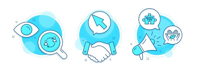 User communication, Fair trade and Quick tips line icons set. Handshake deal, research and promotion complex icons. Mouse cursor sign. Human resources, Safe nature, Tutorials. Click arrow. Vector