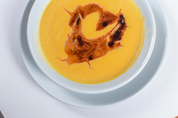 Turkish Traditional lentil Soup with bread on white rustic wooden background, mercimek corbasi.
