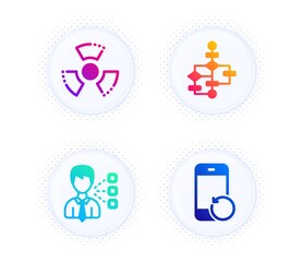 Third party, Chemical hazard and Block diagram icons simple set. Button with halftone dots. Recovery phone sign. Team leader, Toxic, Algorithm path. Backup smartphone. Technology set. Vector