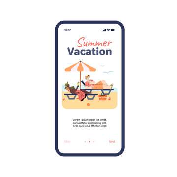 Summer vacation app with people relaxing on summer beach. Cartoon couple lying on lounge chairs and tanning - onboarding banner on phone screen, isolated vector illustration