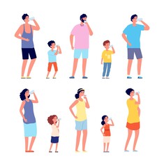 People drinking water. Girl drink water, children adult with bottles and glasses. Refreshing drinks hot day or thirst vector illustration. People drink fresh water, girl and boy health lifestyle