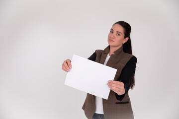 Business woman showing paper isolated over white background