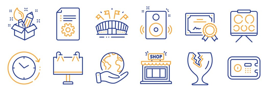 Set of Business icons, such as Speakers, Sports arena. Certificate, save planet. Vision board, Road banner, Technical documentation. Shop, Safe box, Fragile package. Vector