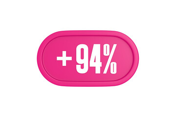 94 Percent increase 3d sign in pink color isolated on white background, 3d illustration.