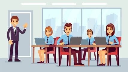 Call center office. Cute hotline managers, businessman or administrator character. Customer service, online calling line. Press agents in headphone vector illustration. Support hotline service office