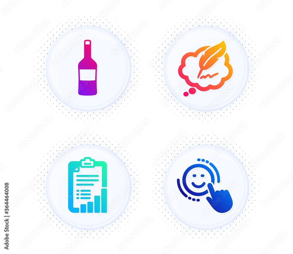Poster checklist, copyright chat and wine icons simple set. button with halftone dots. smile sign. graph re