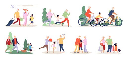 Grandparents and grandchildren. Old people activity with boy girl. Travel ride bicycle doing sport exercices vector illustration. Grandchildren and grandparent together, cartoon active time