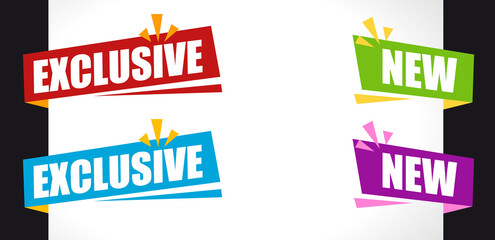 Set color Banner ribbon exclusive and new. Speech bubble announcement. Promotion Icon Offer. advertising sign. Vector banner in modern flat style