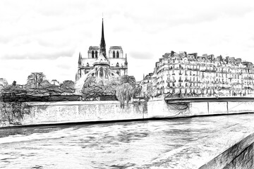 drawing style that represents an evening glimpse of the Notre Dame cathedral seen from a nearby canal