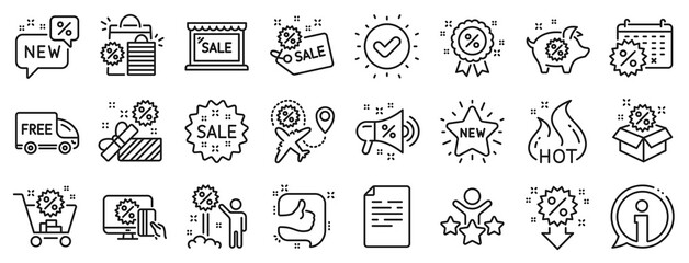 Set of Shopping, Sale and New icons. Discount line icons. Free delivery, Flight sale and Black friday discount. Hot offer, Airplane and new store. Online shopping. Black friday clearance. Vector