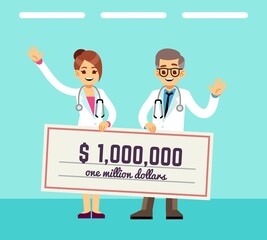 Medical grant. Doctors hold million dollar check. Investment in medicine or hospital, gift for clinic. Thankfulness and financial support for health staff vector illustration. Support medical grant