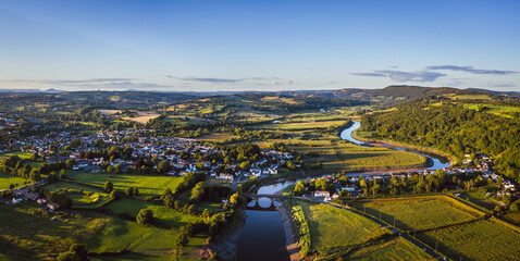 Aerial view of the Welsh town Caerleon in Wales, home of the Roman Amphitheatre - obrazy, fototapety, plakaty