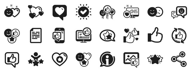 Set - Share network, Social links and Rating icons. Social media icons. Heart, Feedback smile emotion and internet media. Share network, like icon, video content rating and dislike. Vector