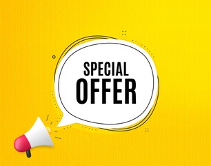 Special offer symbol. Megaphone banner with chat bubble. Sale sign. Advertising Discounts symbol. Loudspeaker with speech bubble. Special offer promotion text. Social Media banner. Vector